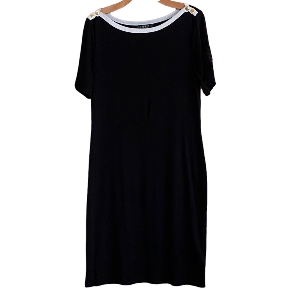 LAUREN RALPH LAUREN Black Knit Boat Neck Short Sleeve Cotton Dress Size Large